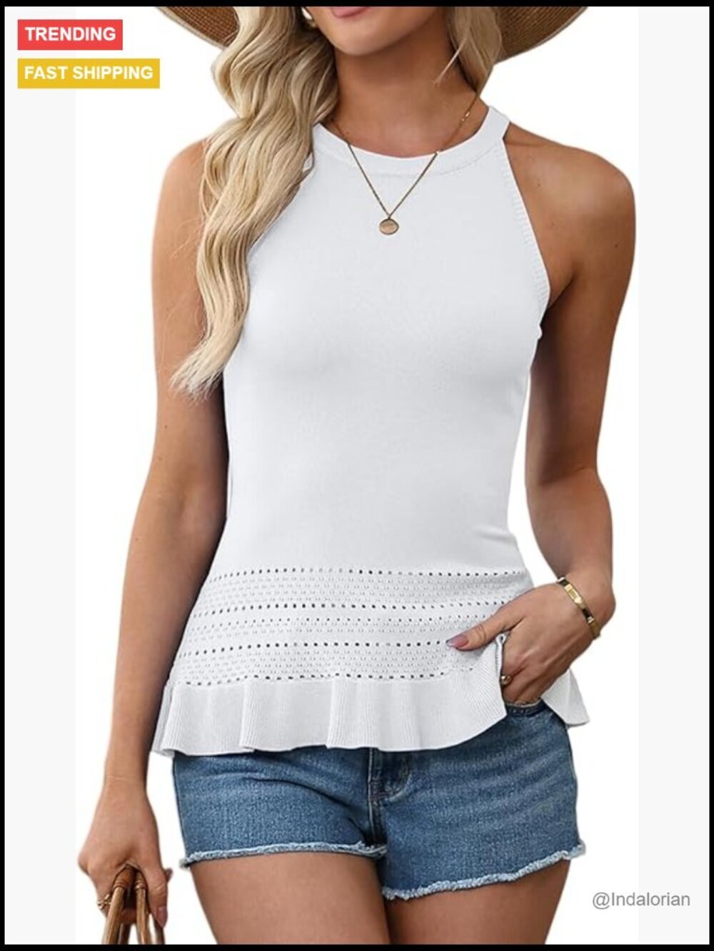 Crochet Crop Tank Top Sleeveless Halter Neck Ruffle Hem Knit Sweater Vest